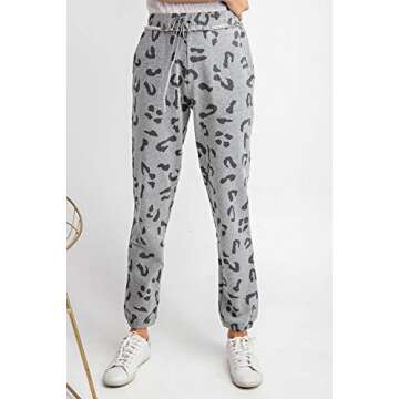 THFB Women's Leopard Print Cotton Jogger Sweatpants (Large) Grey