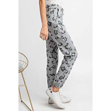THFB Women's Leopard Print Cotton Jogger Sweatpants (Large) Grey