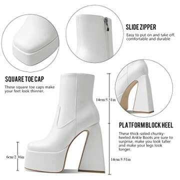 Goiphrri Womens Chunky Heel Ankle Boots Platform Block High Square Toe Zipper Punk Combat Motorcycle Mid Calf Boots For Women White Boots