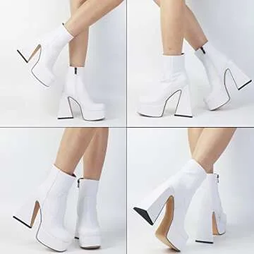 Goiphrri Womens Chunky Heel Ankle Boots Platform Block High Square Toe Zipper Punk Combat Motorcycle Mid Calf Boots For Women White Boots