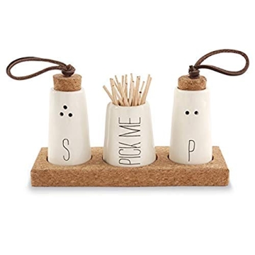 Mud Pie Off-White Salt, Pepper & Toothpick Holder Set - Perfect Rustic Dining Decor