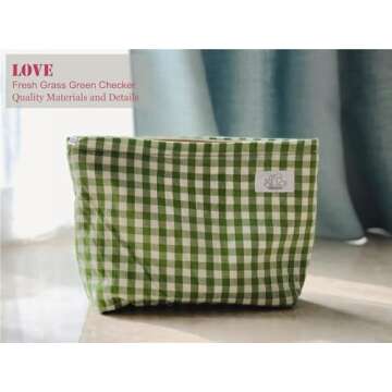 HAPPYHEIDI Women Checkered Canvas Makeup Bag Cosmetic Pouch Make Up Travel Purse Organizer, Cute Gre...