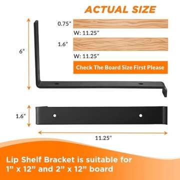 BATODA 12” Shelf Brackets with Lip (Match 11.25" Board) - 8 Pcs Z Shelf Bracket Black - Heavy Duty...