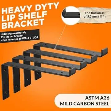 BATODA 12” Shelf Brackets with Lip (Match 11.25" Board) - 8 Pcs Z Shelf Bracket Black - Heavy Duty Hook Brackets for Shelves - Wall Mounted Support for DIY - Shelving Hardware Included (Pack 8)