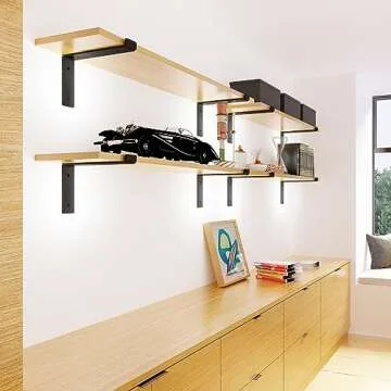 BATODA 12” Shelf Brackets with Lip (Match 11.25" Board) - 8 Pcs Z Shelf Bracket Black - Heavy Duty Hook Brackets for Shelves - Wall Mounted Support for DIY - Shelving Hardware Included (Pack 8)