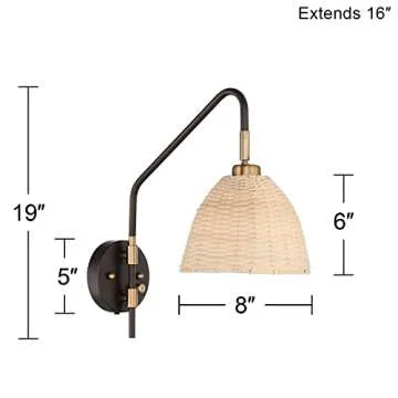 Barnes and Ivy Vega Modern Industrial Cottage Wall Lamps Set of 2 Deep Bronze Brown Metal Plug-in 8" Natural Rattan Dome Shade for Bedroom Bathroom Vanity Living Room Home Hallway Dining Kitchen