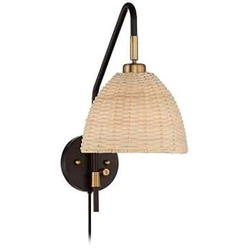 Barnes and Ivy Vega Modern Industrial Cottage Wall Lamps Set of 2 Deep Bronze Brown Metal Plug-in 8" Natural Rattan Dome Shade for Bedroom Bathroom Vanity Living Room Home Hallway Dining Kitchen