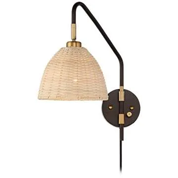 Barnes and Ivy Vega Modern Industrial Cottage Wall Lamps Set of 2 Deep Bronze Brown Metal Plug-in 8" Natural Rattan Dome Shade for Bedroom Bathroom Vanity Living Room Home Hallway Dining Kitchen