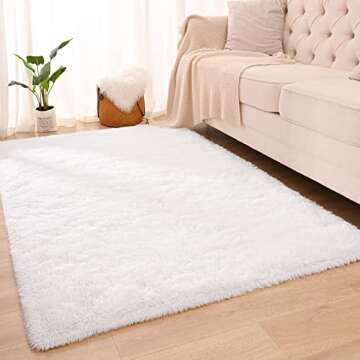 Maxsoft M Fluffy Shag Bedroom Rug, 4x6 Feet White Area Rugs for Living Room Nursery Bedside, Fuzzy Plush Dorm Rug for Girls Kids, Furry Carpet for Indoor Modern Soft Home Decor