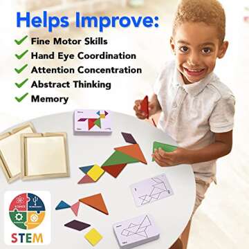 3 Bees & Me 2 Wooden Tangram Shapes Puzzle Toys with 52 Pattern Cards for Kids and Adults - Montessori Wood Toy, STEM Shape Puzzles Manipulatives Games, Educational Tangrams for Kids