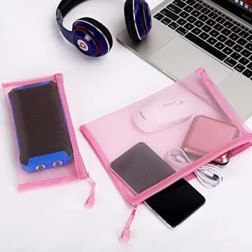 Sinzip 12 Pieces Zipper Nylon Mesh Pouch, Mesh Cosmetic Bags Makeup Bags Pencil Case, Multipurpose Travel Bags for Cosmetic School Office Supplies and Travel Accessories (Pink, A5)