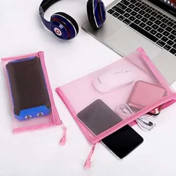 Sinzip 12 Pieces Zipper Nylon Mesh Pouch, Mesh Cosmetic Bags Makeup Bags Pencil Case, Multipurpose Travel Bags for Cosmetic School Office Supplies and Travel Accessories (Pink, A5)