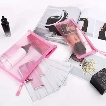 Sinzip 12 Pieces Zipper Nylon Mesh Pouch, Mesh Cosmetic Bags Makeup Bags Pencil Case, Multipurpose Travel Bags for Cosmetic School Office Supplies and Travel Accessories (Pink, A5)
