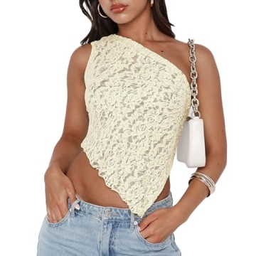 ABYOVRT Women One Shoulder Lace Top Irregular Hem Backless Crop Tops See Through Sheer Tank Tops Goi...