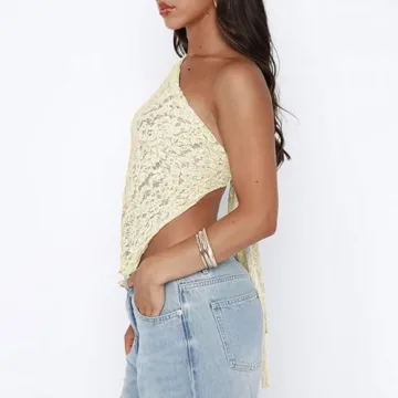 Chic ABYOVRT One Shoulder Lace Crop Top for Women