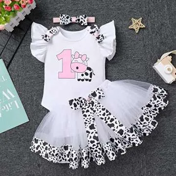 IBTOM CASTLE Kids Cake Smash Outfit Baby Girls 1st Birthday Cows Farm Theme Princess Romper+Tutu Skirt+Headband 3PCS Clothes Set Fancy Dress Up Halloween Cosplay Costume Cows 1T