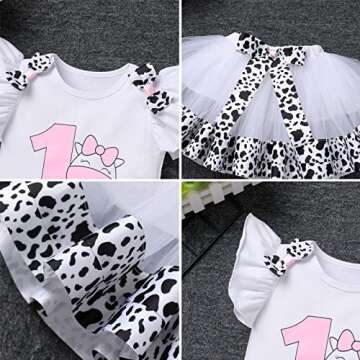 IBTOM CASTLE Kids Cake Smash Outfit Baby Girls 1st Birthday Cows Farm Theme Princess Romper+Tutu Skirt+Headband 3PCS Clothes Set Fancy Dress Up Halloween Cosplay Costume Cows 1T
