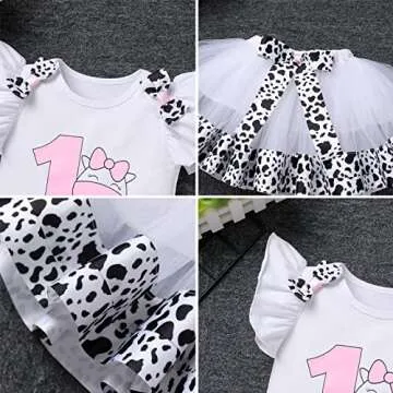 IBTOM CASTLE Kids Cake Smash Outfit Baby Girls 1st Birthday Cows Farm Theme Princess Romper+Tutu Skirt+Headband 3PCS Clothes Set Fancy Dress Up Halloween Cosplay Costume Cows 1T