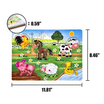 Farm Animals Sound Puzzle, Wooden Peg Puzzles with Sound for Toddlers and Preschoolers Ages 2yrs+, Kids Educational Learning Peg Puzzles Toy Gift (6pcs)