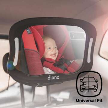 Diono Easy View XXL Baby Car Mirror with Extra Wide View, Safety Car Seat Mirror for Rear Facing Infant with 360 Rotation, LED Night Light, Wide Crystal Clear View, Shatterproof, Crash Tested