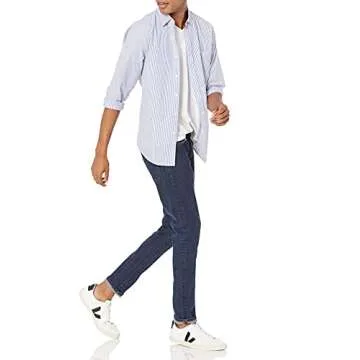Amazon Essentials Men's Regular-Fit Long-Sleeve Casual Poplin Shirt, Blue White Vertical Stripe, Large