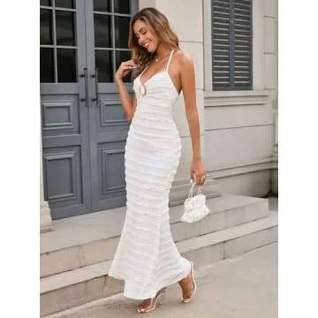 HTZMO Women Elegant Summer Casual Maxi Dress Sexy V Neck Halter Ruffle Bodycon Wedding Guest Formal Long Dresses White M
