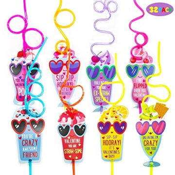Fun Valentine's Day Gifts for Kids - Set of 32 Crazy Straws and Cards