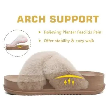 KuaiLu Women's Fuzzy Cross Band Platform Slippers
