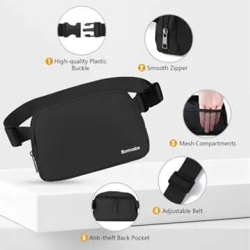 Bomvabe Black Fanny Pack for Women Girls Boys Teens, Crossbody Bag with Adjustable Strap 32" to 51", 1L Mini Belt Bag, Small Waist Bag Lightweight for Travel Sport Running Cycling Hiking