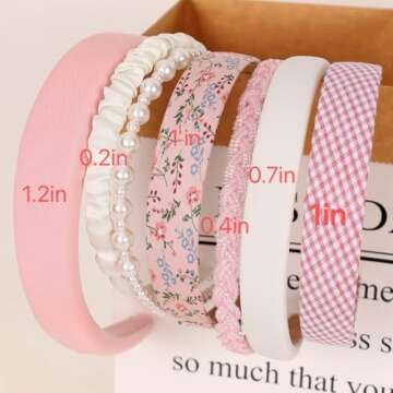 Drnytunk Women's Pearl Floral Padded Wide Bandana Headbands, Vintage Hair Accessories, Pink