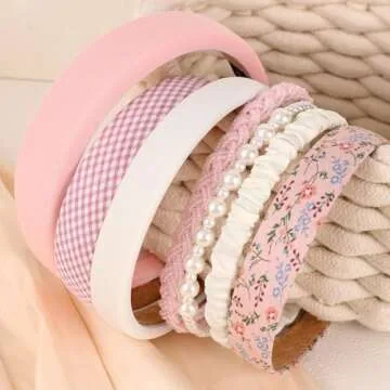 Drnytunk Women's Pearl Floral Padded Wide Bandana Headbands, Vintage Hair Accessories, Pink