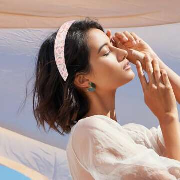 Drnytunk Women's Pearl Floral Padded Wide Bandana Headbands, Vintage Hair Accessories, Pink