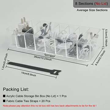 Electronics Organizer 8 Sections Clear Acrylic Cable Storage Bin Box Cord Holder with 20 PCS Reusable Fastening Fabric Cable Ties Straps Cord Wraps (8 Sections/Without Cover)