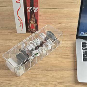 Electronics Organizer 8 Sections Clear Acrylic Cable Storage Bin Box Cord Holder with 20 PCS Reusable Fastening Fabric Cable Ties Straps Cord Wraps (8 Sections/Without Cover)