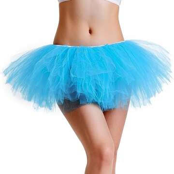 Phantomon Tutu Skirt Women's Teens Classic Elastic 5 Layered Tulle Ballet Skirt, 1950s Vintage Style Short Skirt, Adult Size (Light Blue)