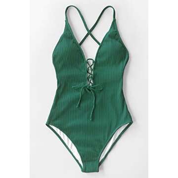 CUPSHE Women's Solid Color V Neck Lace Up One Piece Swimsuit, XL