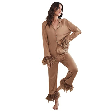 WDIRARA Women's Sleepwear 2 Piece Fuzzy Trim Button Down Long Sleeve and Pants Pj Set in Khaki Beige