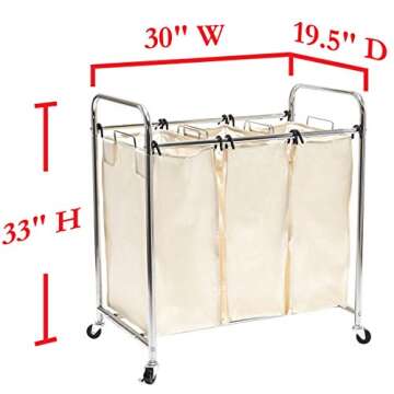 Seville Classics Laundry Hamper Sorter Cart Mobile Premium 3-Bag Heavy-Duty, Chrome