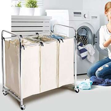 Seville Classics Laundry Hamper Sorter Cart Mobile Premium 3-Bag Heavy-Duty, Chrome