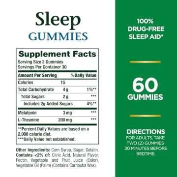 Nature's Bounty Sleep Gummies, 3mg Melatonin and 200mg L-theanine, 100% Drug-Free Sleep Aid, Promotes A Sound Sleep Cycle, 60 Count