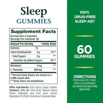 Nature's Bounty Sleep Gummies, 3mg Melatonin and 200mg L-theanine, 100% Drug-Free Sleep Aid, Promotes A Sound Sleep Cycle, 60 Count