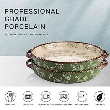 AVLA 2 Pack Ceramic Pie Pan, 9 Inch Round Baking Dish with Double Handle, 28 Ounce Deep Quiche Plate for Kitchen, Cooking, Roasting Lasagna (Sakura, Green)