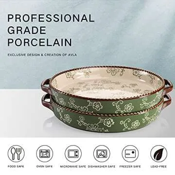 AVLA 2 Pack Ceramic Pie Pan, 9 Inch Round Baking Dish with Double Handle, 28 Ounce Deep Quiche Plate for Kitchen, Cooking, Roasting Lasagna (Sakura, Green)