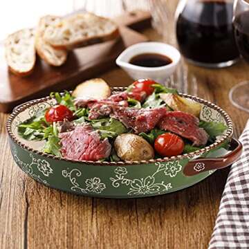 AVLA 2 Pack Ceramic Pie Pan, 9 Inch Round Baking Dish with Double Handle, 28 Ounce Deep Quiche Plate for Kitchen, Cooking, Roasting Lasagna (Sakura, Green)