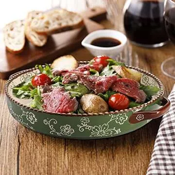 AVLA 2 Pack Ceramic Pie Pan, 9 Inch Round Baking Dish with Double Handle, 28 Ounce Deep Quiche Plate for Kitchen, Cooking, Roasting Lasagna (Sakura, Green)