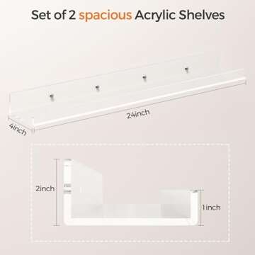 HBlife 24 Inches Floating Shelves Wall Mounted Clear Acrylic Shelves for Figures, Invisible Floating Bookshelf for Kids and Nursery, 2 Pack (5MM Thick)