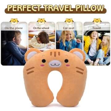 H HOMEWINS Travel Pillow for Kids Toddlers-Soft Neck Head Chin Support Pillow,Cute Animal,Comfortable in Any Sitting Position for Airplane,Car,Train,Machine Washable,Children Gift (Cute Tiger)