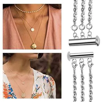 YMCAFZ Layered Necklace Spacer Clasp, 3 Strands Necklaces Slide Magnetic Tube Lock with Lobster Clasps, Jewelry Clasps Connectors for Layered Bracelet Jewelry Crafts Necklace, 2 Pack Gold and Sliver