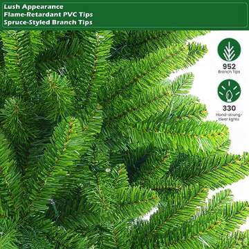 SHareconn 6ft Prelit Premium Artificial Hinged Christmas Tree with Remote Control,Timer, and 330 Warm White & Color LED Changing Lights, 952 Branch Tips, Perfect Choice for Xmas Decoration, 6 FT