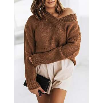 EVALESS Womens Cute Long Sleeve Oversized Sweaters Winter Deep V Neck Knitted Sweater Tops Cozy Loose Solid Color Jumper Tunic Pullover Tops Brown Large